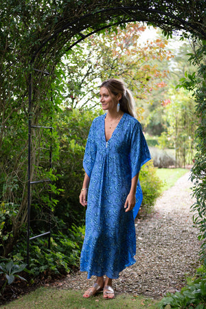 Blue floral long silk kaftans, occasion & resort wear by Lotty B Mustique