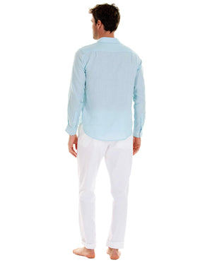 Mens designer Linen Shirt by Lotty B for Pink House Mustique in plain Pale Blue, model back