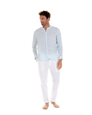 Collarless Linen Shirt Guava pale blue designed by Lotty B Mustique Mens vacation fashion