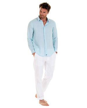 Mens designer Linen Shirt by Lotty B for Pink House Mustique in plain Pale Blue, model front
