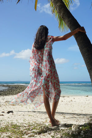 Silk Ellie Kaftan: FLAMBOYANT FLOWER - ORANGE designer Lotty B Mustique lifestyle Lagoon Bay