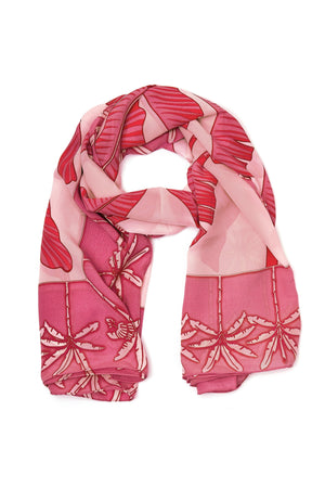 Large pure silk scarf in Banana Tree pink design by Lotty B Mustique