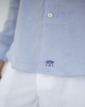 Men's linen shirt Azul Blue embroidered Pink House emblem detail