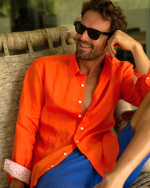 Luxury mens orange linen holiday shirt
