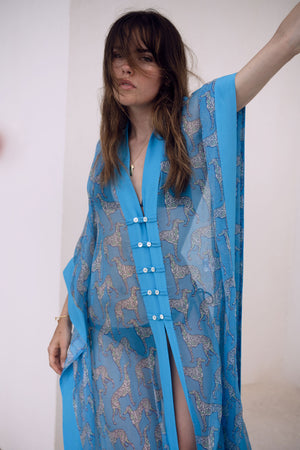 Designer resort fashion - Long chiffon silk Jade poncho in green & blue Lurcher print