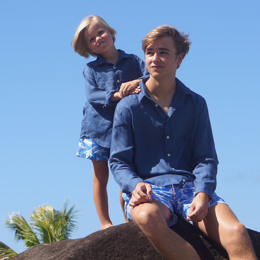 Summer essentials, childrens pure linen shirts ENSIGN BLUE contrast collar and cuff by designer Lotty B Mustique