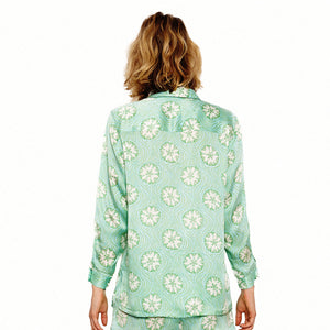 Luxury vacation fashion - pure silk shirt in green sand dollar print by Lotty B Mustique