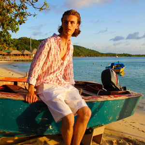 Mens Linen Shorts : CLASSIC WHITE designer Lotty B Mustique beach holiday styles