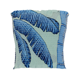 Elasticated shirred silk bandeau top Banana Tree Blue print by designer Lotty B Mustique