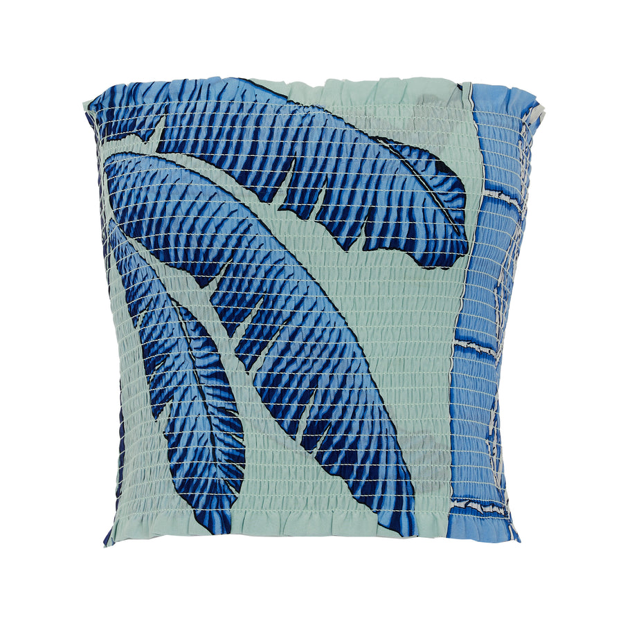 Elasticated shirred silk bandeau top Banana Tree Blue print worn with matching crepe de chine silk sarong by designer Lotty B Caribbean holiday style from Mustique island