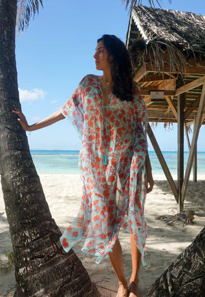 Silk Ellie Kaftan: FLAMBOYANT FLOWER - ORANGE designer Lotty B Mustique beach style Lagoon Bay