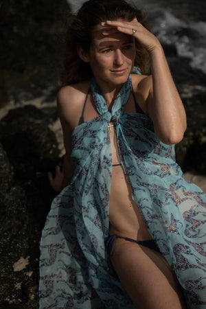 Designer resort wear, chiffon silk sarong in Lurcher blue print by Lotty B Mustique