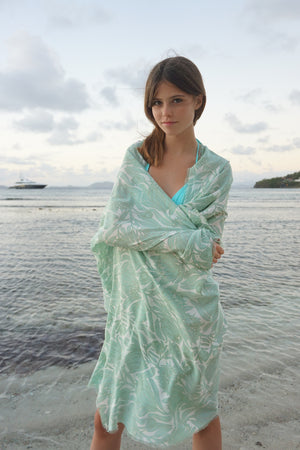 Beautiful silk prints by Lotty B Mustique green & white floral Protea design