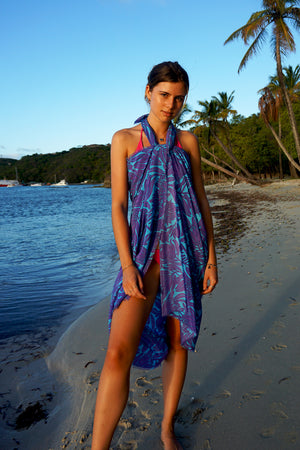 Lotty B Sarong in Silk Crepe-de-Chine: PROTEA - VIOLET / TURQUOISE