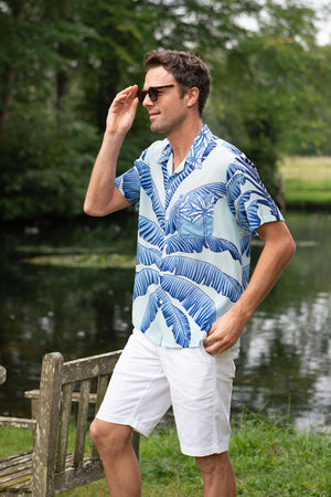 Lotty B mens silk vacation shirt in tropical Banana print in brilliant blues