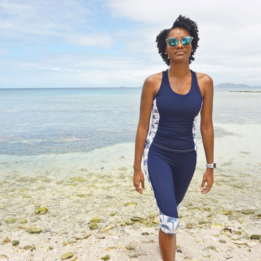 Sports Racer Back Top : FAN PALM NAVY designed by Lotty B for Pink House Mustique