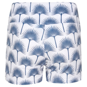 Sports Shorts : FAN PALM NAVY back view designed by Lotty B for Pink House Mustique