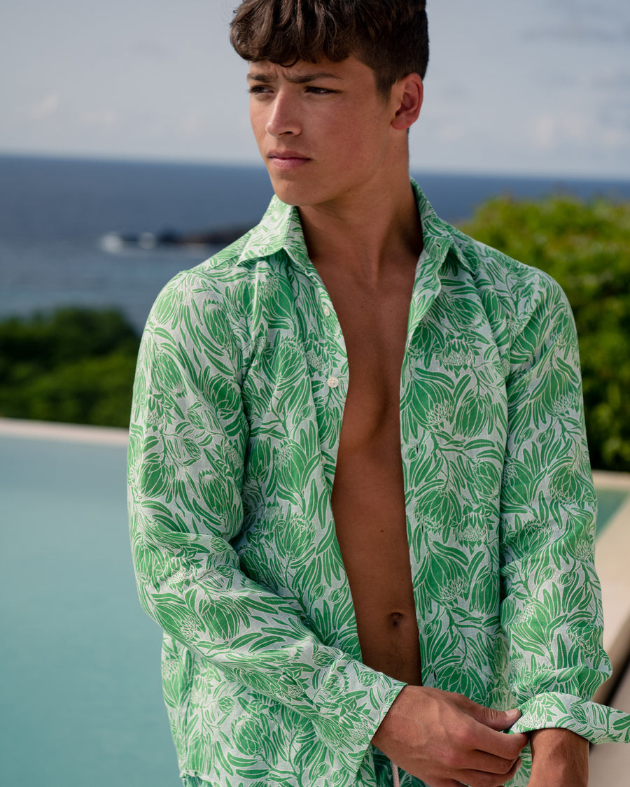 Men's linen shirt in green & pale blue Protea print by Lotty B for Pink House Mustique