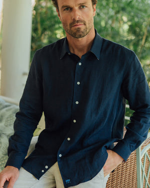Vacation style men's linen shirt in navy eclipse blue