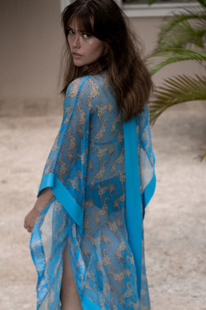 Tropical resort wear - Long chiffon silk Jade poncho in green & blue Lurcher print