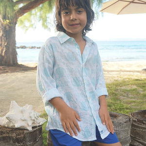 Childrens Linen Shirt: TURTLE TRELLIS - AQUA