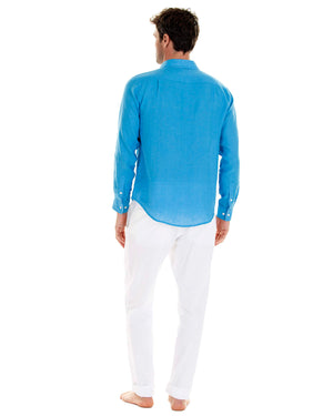 Mens designer Linen Shirt by Lotty B for Pink House Mustique in plain Turquoise Blue, model back