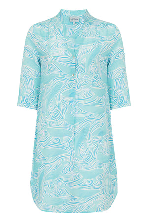 Silk Crepe Decima dress by Lotty B in Whale turquoise print. Mustique Designer Resort Wear