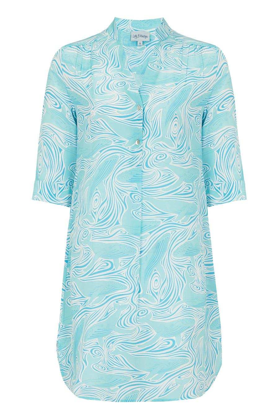 Designer silk Decima dress by Lotty B in Whale turquoise print, luxury style Heron Bay Mustique