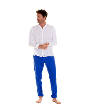 Mens Collarless Linen Shirt : CLASSIC WHITE with dazzling blue linen trousers, front