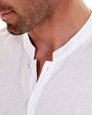 Mens Collarless Linen Shirt : CLASSIC WHITE collar detail