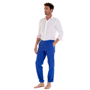 Mens Linen Trousers : DAZZLING BLUE no belt, designer Lotty B for Pink House Mustique