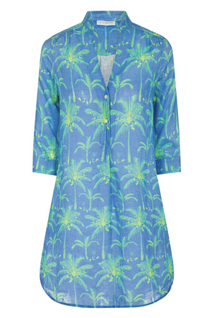 Womens linen dress Plantation print in green & blue by Lotty B for Pink House Mustique