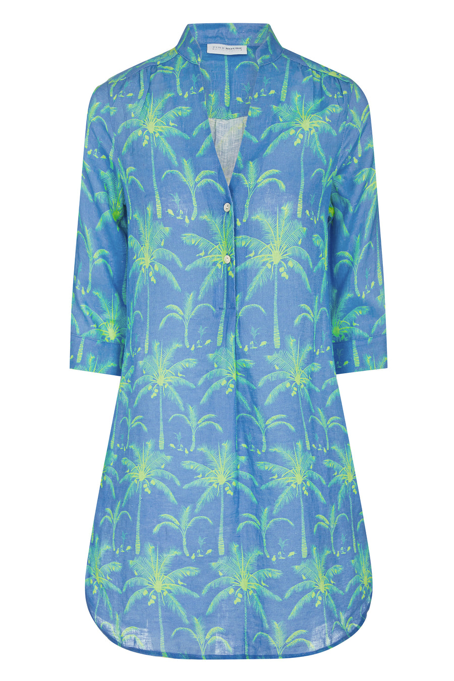 Holiday linen dress tropical palm prints by Lotty B Mustique