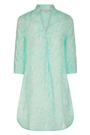 Decima flared pure linen dress in Whale turquoise print by Lotty B for Pink House Mustique