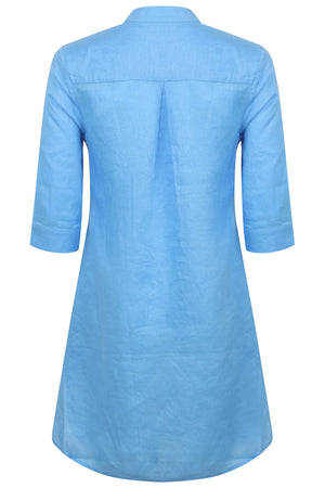 Womens pure linen Decima Dress: FRENCH BLUE back detail by Lotty B for Pink House Mustique