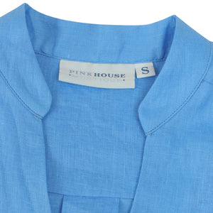 Womens Linen Flared Dress: FRENCH BLUE collar detail