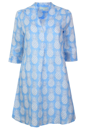 Womens Linen Flared Dress: PINEAPPLE - BLUE