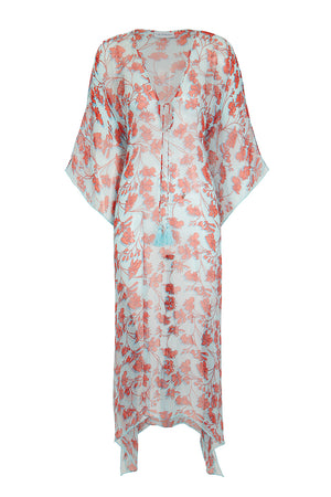 Silk Ellie Kaftan: FLAMBOYANT FLOWER - ORANGE resort wear designed by Lotty B Mustique Lagoon Bay