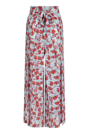 Silk Gabija Palazzo Pants ties at the back: FLAMBOYANT FLOWER - ORANGE wide leg trousers designed by Lotty B Mustique