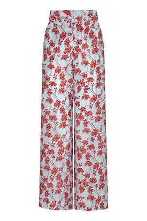 Silk Gabija Palazzo Pants: FLAMBOYANT FLOWER - ORANGE wide leg trousers designed by Lotty B Mustique