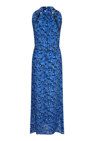 Silk Jemima Dress: FLAMBOYANT FLOWER - BLUE, long halter neck racer back crepe de chine silk dress designer Lotty B Mustique