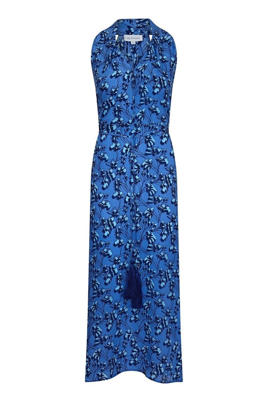 Silk Jemima Dress: FLAMBOYANT FLOWER - BLUE, long halter neck racer back crepe de chine silk dress designer Lotty B Mustique chic resort wear 