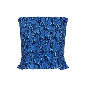 Silk Ruffle Bandeau Top: FLAMBOYANT FLOWER - BLUE