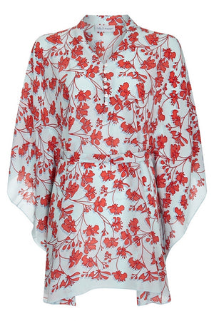 Silk Lotty Kaftan: FLAMBOYANT FLOWER - ORANGE resort wear fashion designed by Lotty B Mustique